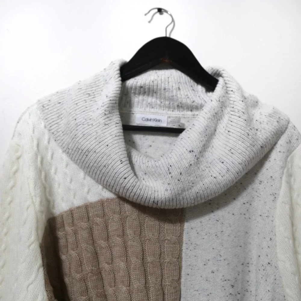 CALVIN KLEIN Acrylic Blend White Mixed Stitch Colorblocked Cowlneck Sweater - Picture 4 of 12